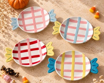 Candy-Shaped Ceramic Plate, Colorful Halloween Snack Dish, Pastel Tableware (Set of 4)