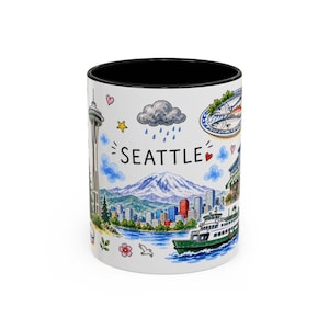 Seattle Illustrated Travel Mug | City Souvenir Accent Coffee Mug | 11oz 15oz Ceramic Cup