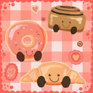 Pode incluir: Uma ilustração digital apresentando um donut rosa com cobertura, um rolinho de canela marrom e um croissant dourado, cada um com um rosto sorridente e mãos marrom-escuras. O fundo é um padrão xadrez rosa e branco com pequenos corações.