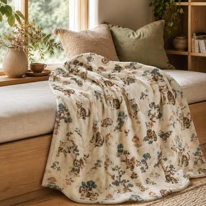 Korean Folk Tiger Blanket, Vintage Cream Botanical Throw, Soft Velveteen Home Decor Gift
