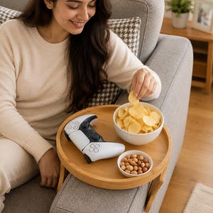 May include: A round, light-toned wooden sofa arm tray table featuring a white wireless game controller, a white bowl filled with ridged potato crisps, and a smaller white bowl containing a mix of roasted nuts, all resting on the flat surface.