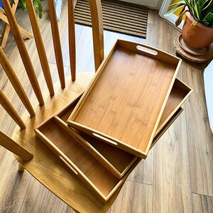 Set of 3, Bamboo Serving Tray Set, Nesting Food Platters, Breakfast & Coffee Trays