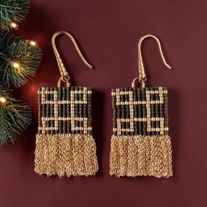Brown Gold Link Chain Fringe Miyuki Delica Earrings, Long Seed Bead Jewelry, Statement Handmade Accessory, Accent Beaded Christmas Gift