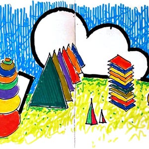 May include: A colourful marker drawing on paper featuring abstract geometric shapes, including a red and yellow stacked cone tower, various triangular forms, and tall rectangular stacks of paper in vibrant hues against a blue sky and green field.
