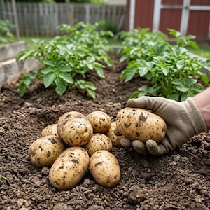 Puede incluir: Un montón de patatas crudas recién cosechadas con piel marrón claro y manchas de tierra oscura sobre suelo oscuro. Una patata se sostiene con un guante de trabajo beige, mientras otras patatas están agrupadas en el suelo de un jardín.