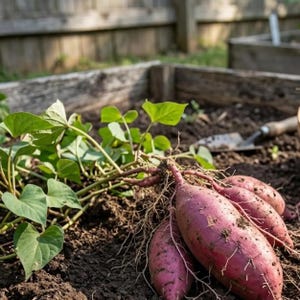 Puede incluir: Un grupo de batatas recién cosechadas con piel lisa de color púrpura rojizo y raíces visibles, unidas a tallos y hojas verdes en forma de corazón, descansando sobre tierra oscura en un huerto junto a una pequeña pala de metal.