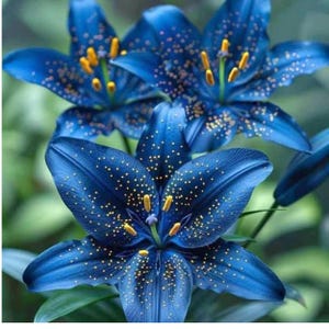 Peut inclure: Trois fleurs de lys bleu vif avec des étamines jaunes proéminentes et des taches dorées délicates recouvrant la surface de chaque pétale. Les fleurs sont disposées en grappe, mettant en valeur leurs larges pétales ouverts et pointus.