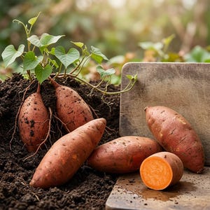 Peut inclure: Plusieurs patates douces crues à la peau brun rougeâtre et à la chair orange vif, certaines partiellement enfouies dans la terre noire avec des feuilles vertes en forme de cœur, et une tranche de patate douce sur une planche en bois.
