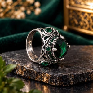 May include: A silver-toned ring featuring a large, oval-cut dark green gemstone as the centerpiece. The band is crafted with intricate metalwork and is accented with smaller, round-cut green stones embedded along the sides of the setting.