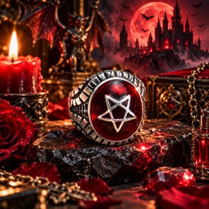 Puede incluir: Un anillo de plata con una incrustación de piedra roja circular y un pentagrama de plata en el centro. La banda tiene un acabado metálico texturizado con detalles intrincados en los laterales, mostrando un diseño audaz y oscuro.