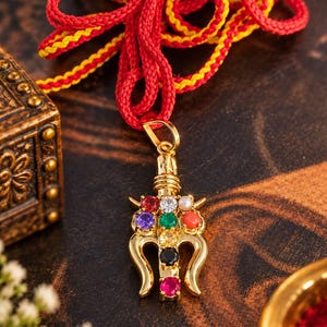 Puede incluir: Un colgante de tridente en tono dorado con nueve piedras preciosas multicolores incrustadas, incluyendo piedras rojas, blancas, moradas, verdes, naranjas, amarillas, negras y rosas. El colgante está unido a un collar de cordón trenzado rojo y amarillo.