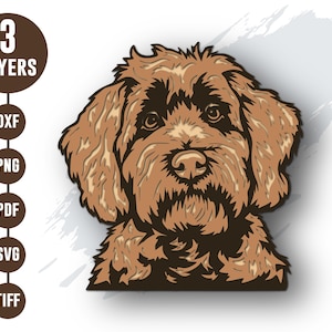 Puede incluir: Una ilustración digital de la cara de un perro de pelo rizado marrón. A la izquierda, una columna vertical marrón contiene el texto 3 LAYERS, DXF, PNG, PDF, SVG y TIFF. El perro tiene ojos de color marrón oscuro, nariz oscura y pelaje.