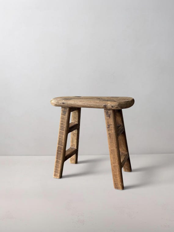 Vintage Japandi Teak Stool, Japanese Wooden Stool, Rustic Side Table, Wabi Sabi Decor
