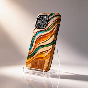 Carved Wood Wave Phone Case, Teal Amber Resin Inlay, Marquetry Cover, MagSafe Tough Case