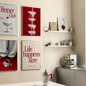 Set of 5 Kitchen Wall Art Red Prints | Coffee Bar Decor | Cherry Kitchen Posters | Modern Gallery Wall | Printable Art | Instant Download