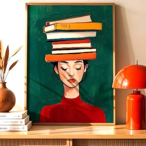 Book Lover Wall Art Print | Reading Girl Poster | Books Stack Illustration | Library Decor | Bookworm Gift | Printed Literary Art