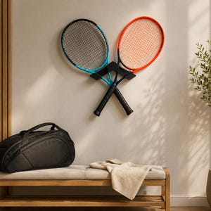 May include: Two tennis rackets, one with a blue frame and one with an orange frame, are mounted in a crossed position on a wall using a black bracket. Below them sits a black sports bag on a wooden bench with a light-colored cloth draped over it.