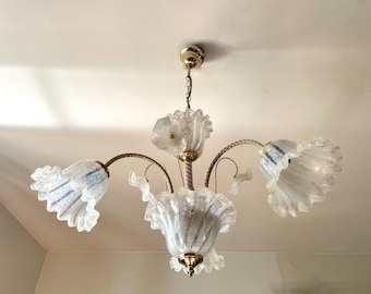 Suspension Murano fleurs irisées, grand lustre doré, luminaire romantique chic, décoration rococo vintage, design italien