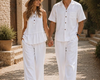 Conjunto de lino para parejas / Ropa para vacaciones en la playa / Conjunto de lino para él y para ella / Ropa de resort en tonos neutros / Ropa de verano para parejas