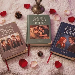 Op de afbeelding: Drie boeken met harde kaft getiteld All The Young Dudes, gelabeld Book I, Book II en Book III. De boeken hebben geïllustreerde covers met personages, gouden hoekaccenten en rode lintbladwijzers. Boek I is bruin, Boek II is groen en Boek III is marineblauw.