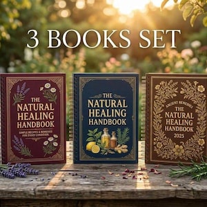 Pode incluir: Um conjunto de três livros com encadernação em espiral intitulados The Natural Healing Handbook. O livro da esquerda é bordô com ilustrações de lavanda e margaridas. O livro central é azul-marinho com gráficos de limões e ervas.