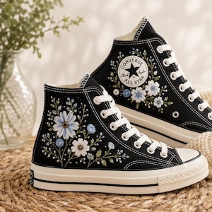Embroidered Blue Floral Wedding Converse Sneakers, Bridal Daisy High Top Shoes, Custom Bride Sneakers Gift For Her