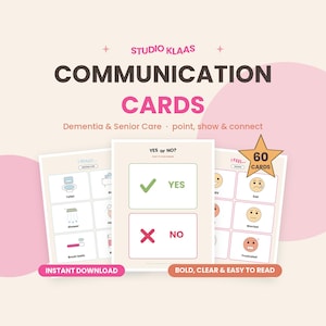 Op de afbeelding: Een set van 60 communicatiekaarten van Studio Klaas voor dementie- en ouderenzorg. De kaarten bevatten duidelijke iconen en tekst voor behoeften, gevoelens en ja of nee antwoorden, uitgevoerd in een vet en goed leesbaar lettertype.