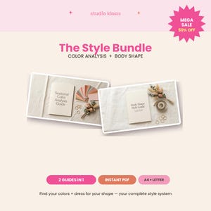 May include: The Style Bundle digital guide set includes a Seasonal Color Analysis Guide and a Body Shape Style Guide. The image features two white booklets with black text, colour swatches, small gold rings, and dried flowers on a textured surface.