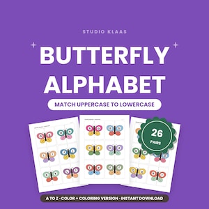 Könnte beinhalten: Ein digitales Lernset mit dem Titel Butterfly Alphabet von Studio Klaas, bestehend aus 26 Paaren druckbarer Karten. Jede Karte zeigt einen bunten Schmetterling mit einem Großbuchstaben auf einem Flügel und einem Kleinbuchstaben auf dem anderen.