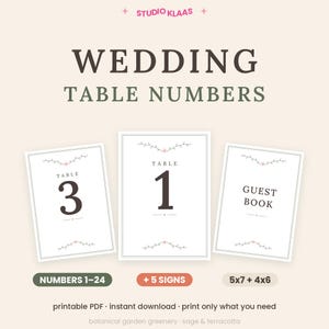 May include: Three white rectangular cards with dark gray text and botanical line art. Two cards display the numbers 3 and 1, and one card reads GUEST BOOK. Text at the top reads STUDIO KLAAS WEDDING TABLE NUMBERS. Bottom labels read NUMBERS 1-24, + 5 SIGNS, and 5x7 + 4x6.