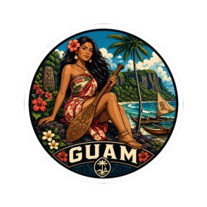 May include: A circular sticker featuring an illustration of a person with long dark hair wearing a floral sarong, sitting on rocks with a carved wooden paddle. The scene includes a palm tree, ocean, outrigger canoe, and the text GUAM.