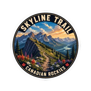 May include: A circular sticker featuring a mountain landscape with the text SKYLINE TRAIL at the top and CANADIAN ROCKIES at the bottom. The scene depicts a hiking path, evergreen trees, colorful wildflowers, and two red maple leaf icons.