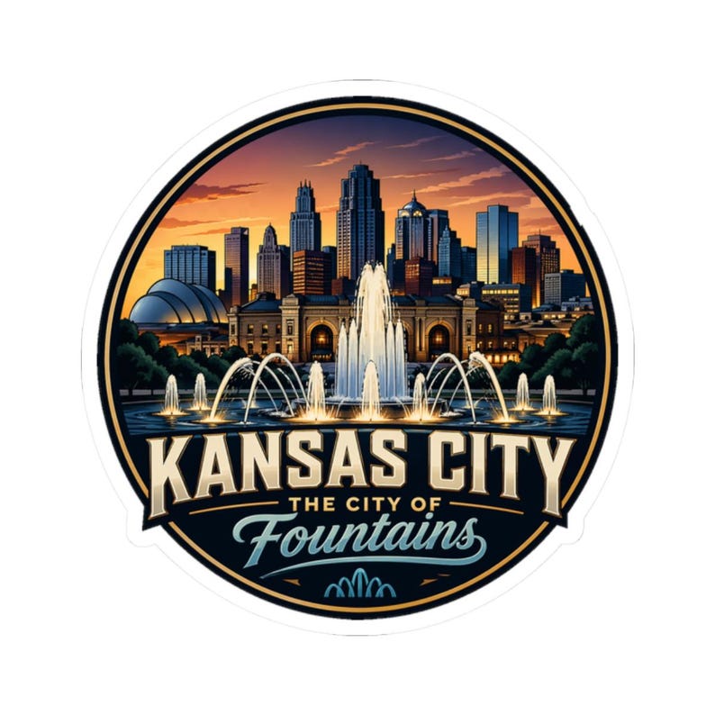 Pegatina para viajeros y residentes de Kansas City, pegatina de Kansas City, calcomanía de recuerdo de la Ciudad de las Fuentes, idea de regalo con el horizonte del Medio Oeste. imagen 1