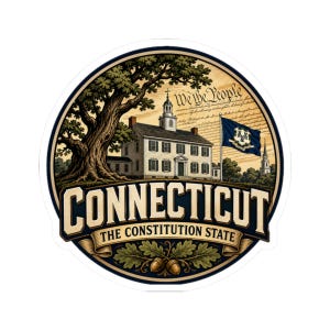 Może przedstawiać: Okrągła naklejka przedstawiająca biały budynek kolonialny, duży dąb i flagę stanu Connecticut. Tekst głosi "CONNECTICUT" oraz "THE CONSTITUTION STATE", a w tle widnieje "We the People". Na dole znajdują się liście dębu i żołędzie.