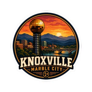 May include: A circular sticker featuring a sunset landscape of Knoxville, Tennessee, with the Sunsphere tower, a river, a bridge, and mountains. The text reads KNOXVILLE MARBLE CITY with a small circle containing three stars at the bottom center.