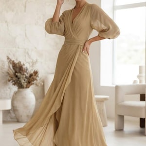 Chiffon Puff Sleeve V Neck Gown