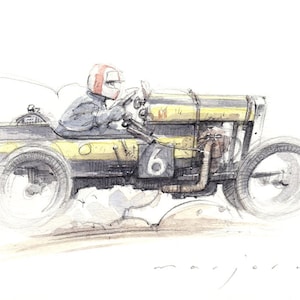 May include: A watercolour illustration of a vintage yellow and black racing car with a driver wearing a helmet. The car is in motion and kicking up dust. The car has the number "6" on the side.