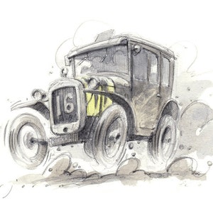 May include: A black and white illustration of a vintage car with the number 16 on the side, driving through a cloud of dust.