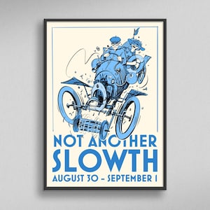 Festiwal Slowth - plakat wydarzenia A3 w stylu zabytkowego samochodu rowerowego - podpisany