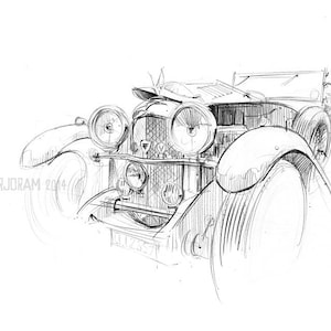 May include: A black and white pencil sketch of a vintage car. The car is drawn in detail, showing the front grill, headlights, and wheels. The sketch is signed "STEFAN MARJORAM 2014".