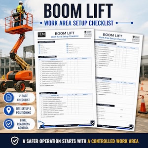 May include: A two-page Boom Lift Work Area Setup Checklist document featuring sections for general information, work area assessment, positioning, safety measures, and final verification, with a construction site background.