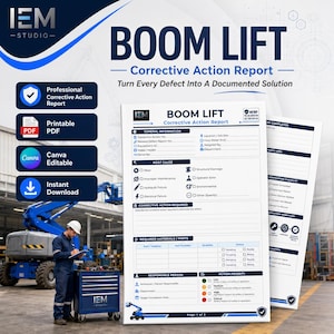 May include: A Boom Lift Corrective Action Report document template featuring sections for general information, root cause, corrective action required, required materials, and action priority, with a blue and white color scheme and text.