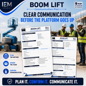 May include: A two-page Boom Lift Communication Plan document featuring sections for general information, communication methods, team roles, and checklists. The white paper includes blue headers, text, and icons, with a blue boom lift graphic.