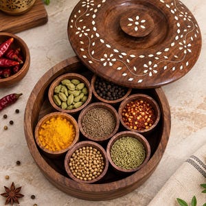 Wooden Spice Box with 7 Bowls - Handcrafted Masala Dabba, Indian Kitchen Storage & Organizer