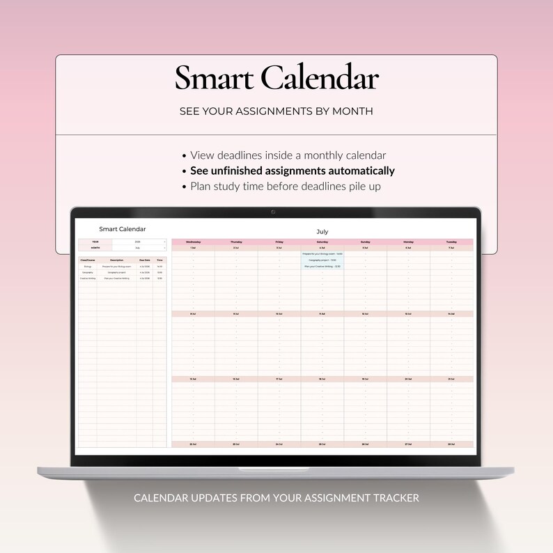 Smart calendar for assignment deadlines in Google Sheets, showing unfinished homework and due dates by month.