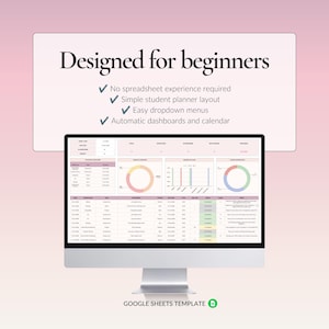 Beginner friendly Google Sheets assignment tracker with dropdown menus, automatic dashboards, smart calendar and simple student planner layout.