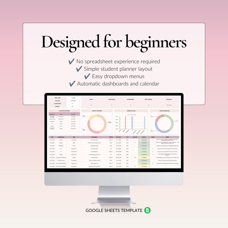 Beginner friendly Google Sheets assignment tracker with dropdown menus, automatic dashboards, smart calendar and simple student planner layout.