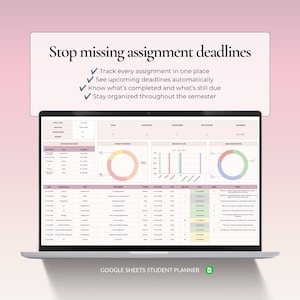 Student assignment tracker for Google Sheets to organize homework, deadlines, progress, priorities and completed assignments.