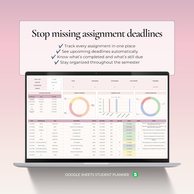 Student assignment tracker for Google Sheets to organize homework, deadlines, progress, priorities and completed assignments.