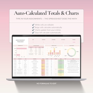 Auto-calculated assignment tracker with editable white cells, automatic beige formula cells, progress charts and days left calculations.